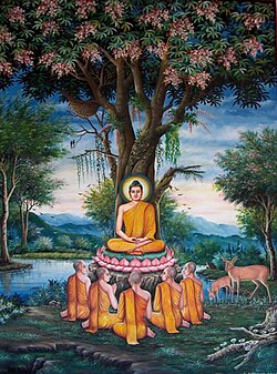Buddha's sermon in the Sarnath, depicted at Wat Chedi Liam, near Chiang Mai, Thailand
