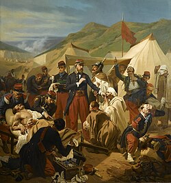 Two French military surgeons treating wounded enemies after the battle of Inkermann, November 5, 1854.