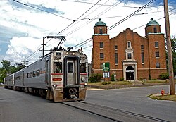 A South Shore commuter train in Michigan City