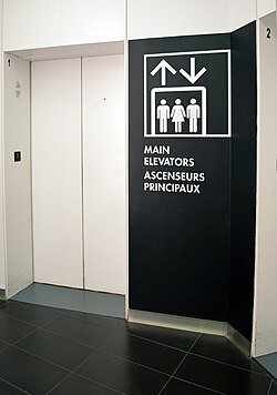 An elevator with bilingual English/French signage at the museum
