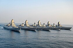 Indian Navy destroyers sailing in unison