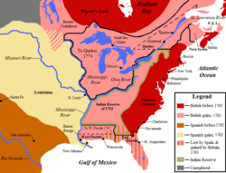 Map showing British territorial gains in North America following the Treaty of Paris in pink, and Spanish territorial gains after the Treaty of Fontainebleau in yellow