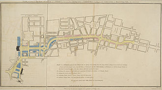 Regent Street proposal, published 1813, titled "PLAN, presented to the House of Commons, of a STREET proposed from CHARING CROSS to PORTLAND PLACE, leading to the Crown Estate in Marylebone Park"