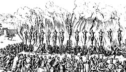 Contemporary illustration of the auto de fe in Valladolid, where fourteen Protestants were burned for their faith, 21 May 1559