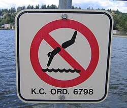 A sign prohibiting diving at a beach in Kirkland, Washington. 2007