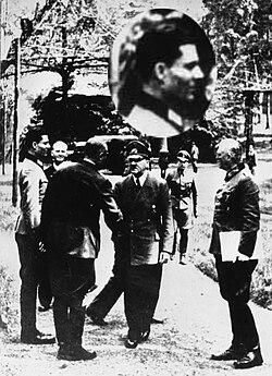 Graf von Stauffenberg, left, with Hitler (centre) and Generalfeldmarschall Wilhelm Keitel, right, in an aborted assassination attempt at Rastenburg on 15 July 1944