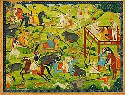 A group of Sikhs hunting (unknown Pahari artist, 18th century)