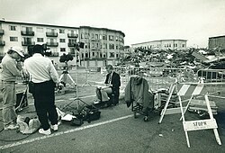 A journalist works on location at the Loma Prieta Earthquake in San Francisco's Marina District October 1989.