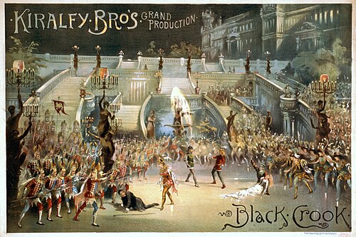 The Black Crook (1866), considered by some historians to be the first musical.[14] Poster for the 1873 revival by The Kiralfy Brothers.