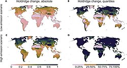 On this map, a shift of 1 indicates that at the end of the century, the region had fully moved into a completely different Holdridge zone type from where it had been historically. The extent of the shifts will be dependent on the severity of the climate change scenario followed.[8]