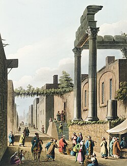 Mosque at Latakia, from Views in the Ottoman Dominions, in Europe, in Asia, and some of the Mediterranean islands (1810) illustrated by Luigi Mayer (1755–1803).
