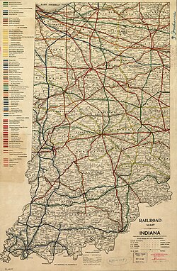1896 Railroad map of Indiana. Detailed township and county map distinguishing railroads by color and name. Includes a list of railroads in left margin, coded by color.