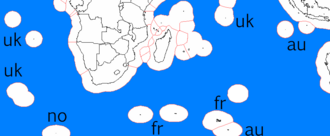 Oceanic islands between the Equator, 60°S, 20°W, and 115°E are the only Southern Hemisphere lands (besides East Timor) outside the five southern nuclear-weapon-free zones. Bouvet Island and the Kerguelen Islands are Antarctic islands on this map but outside the Antarctic NWFZ.Australian islands are parts of the South Pacific NWFZ. South Georgia and the South Sandwich Islands is in the Latin American NWFZ and not on this map.