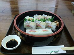 Japanese cutlassfish oshizushi at a restaurant in Minamata, Kumamoto