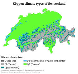 Köppen–Geiger climate classification map for Switzerland