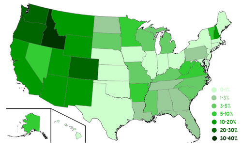 More than 80% of the 193 million acres (780,000 km2) of land managed by the United States Forest Service is in the western states. This map shows USFS lands as a percentage of total land area in each state.[27]