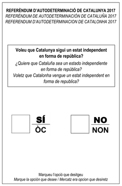 Ballot paper that the Catalan government intended to use in the referendum, in Catalan, Castilian Spanish and Aranese Occitan, the three official languages of Catalonia
