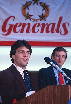 Doug Flutie (left) and Trump at a press conference in Trump Tower, 1985