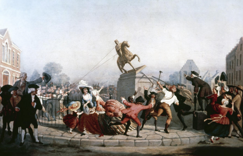 Pulling Down the Statue of King George III, N.Y.C., depicting American patriots tearing down a statue of King George III in New York City on July 9, 1776, immediately after Commander-in-Chief George Washington had the Declaration of Independence read aloud to the Continental Army and the public on the city's common green five days after it was issued in Philadelphia.