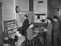 Journalists in a CBC newsroom in Montreal in November 1944
