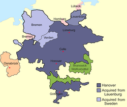 Sketch map of Hanover, c. 1720, showing the relative locations of Hanover, Brunswick-Wolfenbüttel, and the Prince-Bishopric of Osnabrück. During George's lifetime Hanover acquired Lauenburg and Bremen-Verden.
