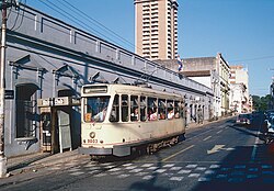 A tram in the city centre in 1986. The tram system closed in the late 1990s
