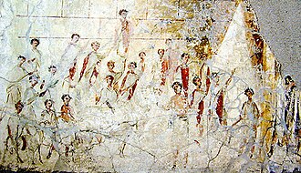 This fresco from outside Pompeii shows Roman men celebrating a religious festival, probably the Compitalia.