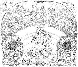 The god Thor wades through a river, while the Æsir ride across the bridge, Bifröst, in an illustration by Lorenz Frølich (1895).
