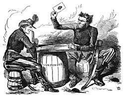 "Abe Lincoln's Last Card; Or, Rouge-et-Noir" (Red and Black), a cartoon by John Tenniel printed by Punch[112] after the London Times wrote in October 1862 that Lincoln had played his "last card" in issuing the Proclamation.[113][114] Lincoln's hair is in points, suggesting horns. The cartoon was reprinted often in the Copperhead press.[115][116][page needed]