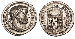This argenteus was struck in the Antioch mint, under Constantius Chlorus.