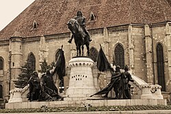 Statue of Matthias Corvinus in front of St. Michael's Church