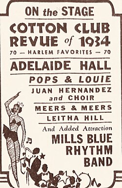 Adelaide Hall starring in the Cotton Club Revue of 1934 at the Loew's Metropolitan Theater, Brooklyn, commencing on 7 September 1934 (advertisement)