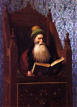 A Sunni jurist (mufti) delivering a sermon from a pulpit