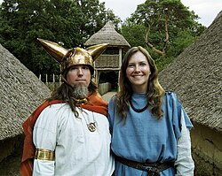 Historical re-enactors dressed as a late Iron Age Celtic British chieftain and chieftainess