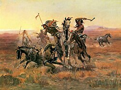 War on the plains. Blackfoot fighting the Sioux. Painting by Charles Marion Russell
