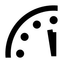 The Bulletin's logo of the Doomsday Clock as of January 2026.