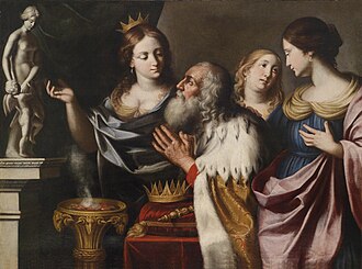 King Solomon with 3 of his many wives. Illustrated in 1668 by Giovanni Venanzi di Pesaro. According to Biblical account, Solomon had an obsession with women and fell in love with many.