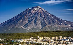 Koryaksky volcano towering over Petropavlovsk-Kamchatsky on the Kamchatka Peninsula