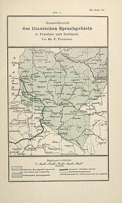Linguistic areas of the Lithuanian language in Russia and German Prussia by Ethnographer Franz Oskar Tetzner in 1902