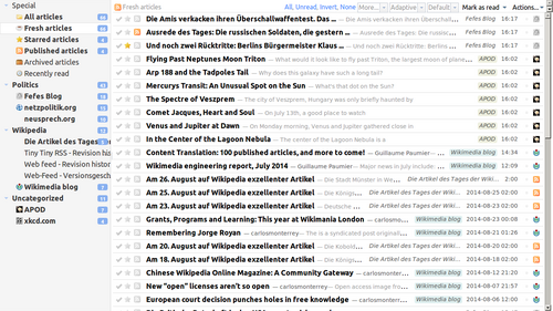 The user interface of the feed reader Tiny Tiny RSS