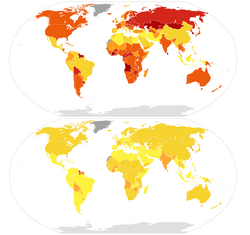 Age-standardized male (top) and female (bottom) suicide mortality rates per 100,000 (2015, WHO)