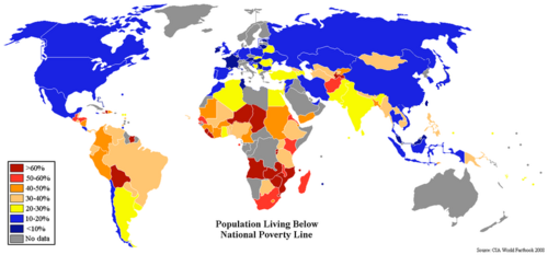 2008 CIA World Factbook-based map showing the percentage of population by country living below that country's official poverty line