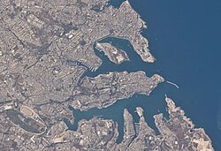 The main urban area of Malta. Valletta is the central peninsula.