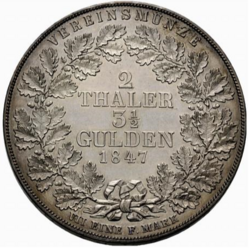 Vereinsmünze (Union Coin), 1847, of Waldeck and Pyrmont, for 2 Prussian thalers = 3.5 South German Gulden