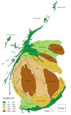 Scotland population cartogram. The size of councils is in proportion to their population.