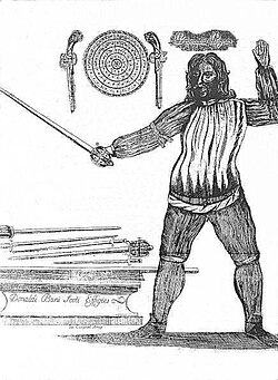 Portrait of Donald McBane, a Scottish fencing master, from Donald McBane's The Expert Swordsman's Companion (1728).