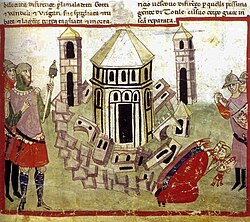 The Goth King Totila razes the walls of Florence during the Gothic War: illumination from the Chigi manuscript of Villani's Cronica