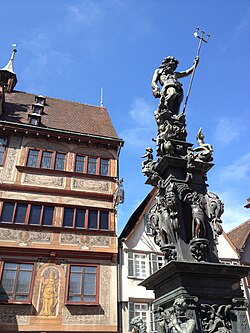 Neptune Fountain in the Market Place, restored and recast after World War II from melted-down armaments