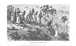 Arab slave traders and their captives along the Ruvuma river (in today's Tanzania and Mozambique), 19th-century drawing by David Livingstone.