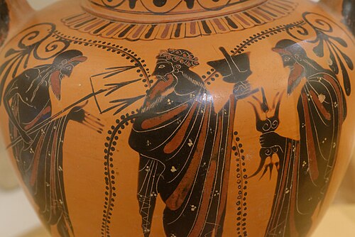 From left to right: Poseidon, Dionysos, Zeus. Black figured neck-amphora, 540 BC. National Museum of Denmark, Copenhagen